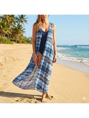 STEVE MADDEN Sheer Poly Chiffon Duster Vest Open Front Geometric Print O/S